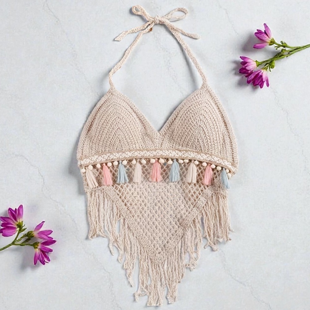 Crochet Apricot Fringe Pink/Blue Halter Top | SIZE M
